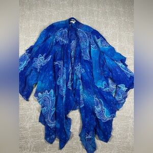 Vtg Yolanda Lorentz Dragon Blue Sheer Open Front Kimono Cover 100% Silk Sz 1